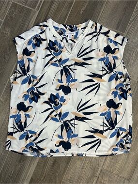 Liz Claiborne Floral Sleeveless Blouse Split V-Neck Blue White Palm Size XL